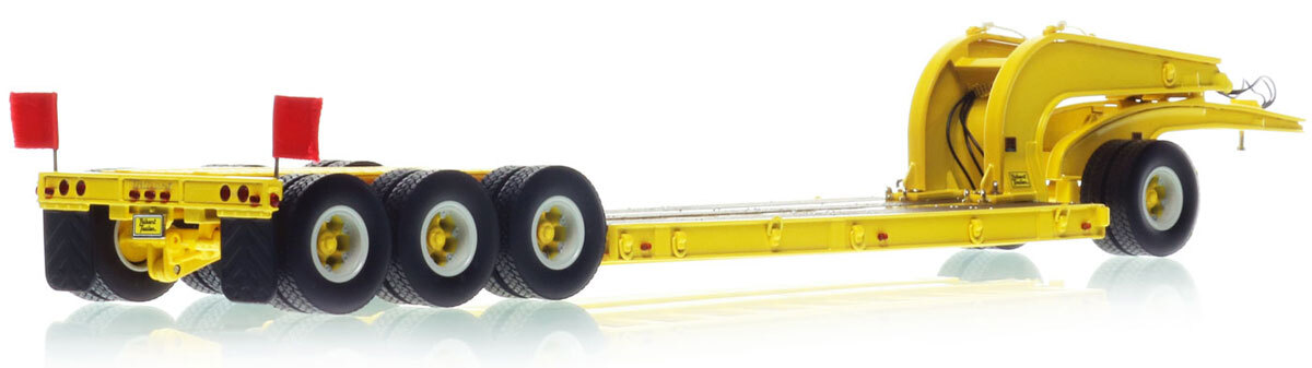 1:50 scale fully functional diecast model of 1960s Talbert 60-Ton Cableneck Lowbed with Single-Axle Dolly - Yellow 1021