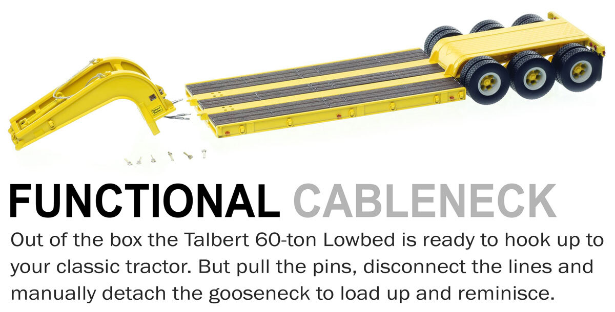 Functionality of 1:50 scale 1960s Talbert 60-Ton Cableneck Lowbed with Single-Axle Dolly - Yellow 1021