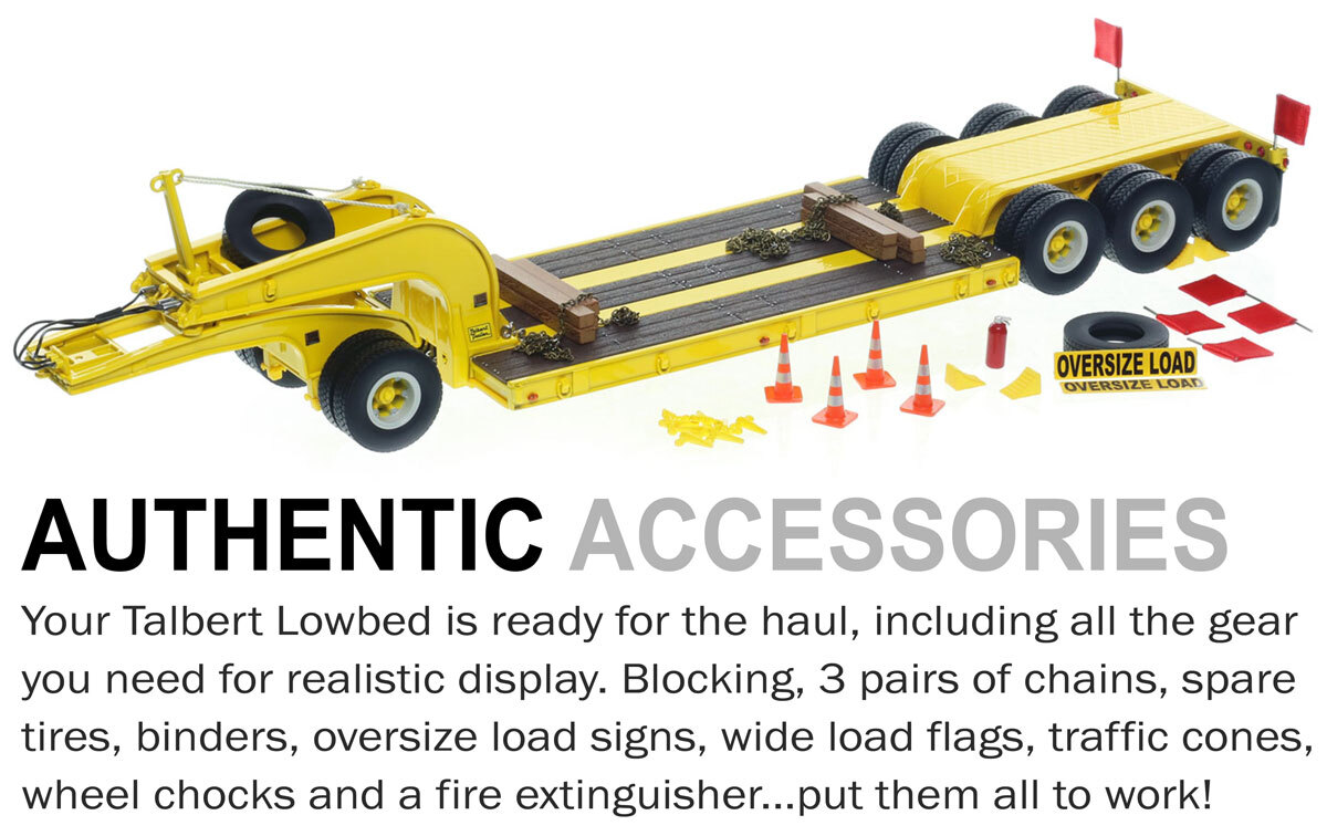 Accessories of 1:50 scale 1960s Talbert 60-Ton Cableneck Lowbed with Single-Axle Dolly - Yellow 1021