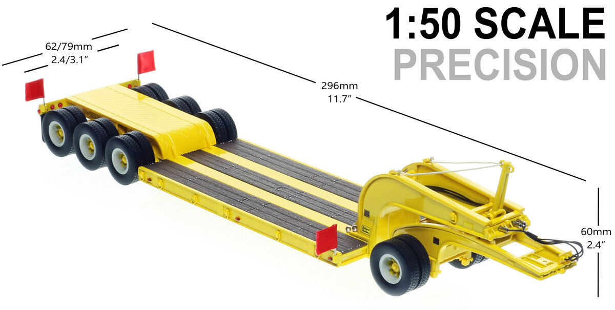 Dimensions of 1:50 scale 1960s Talbert 60-Ton Cableneck Lowbed with Single-Axle Dolly - Yellow 1021