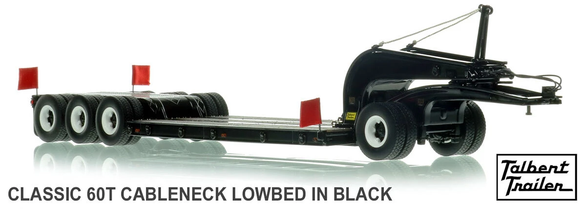1:50 Scale Model of 1960s Talbert 60-Ton Cableneck Lowbed with Single-Axle Dolly - Black