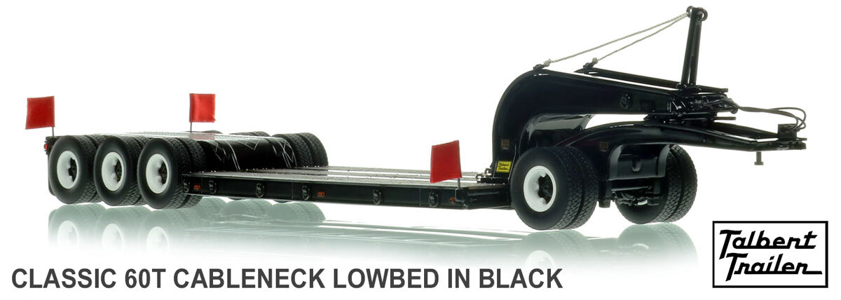1:50 scale model of 1960s Talbert 60-Ton Cableneck Lowbed with Single-Axle Dolly - Black