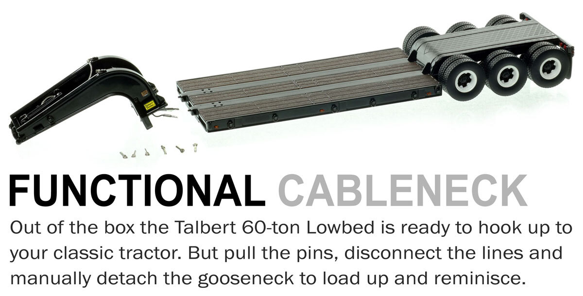 1:50 scale diecast model of 1960s Talbert 60-Ton Cableneck Lowbed with Single-Axle Dolly - Black
