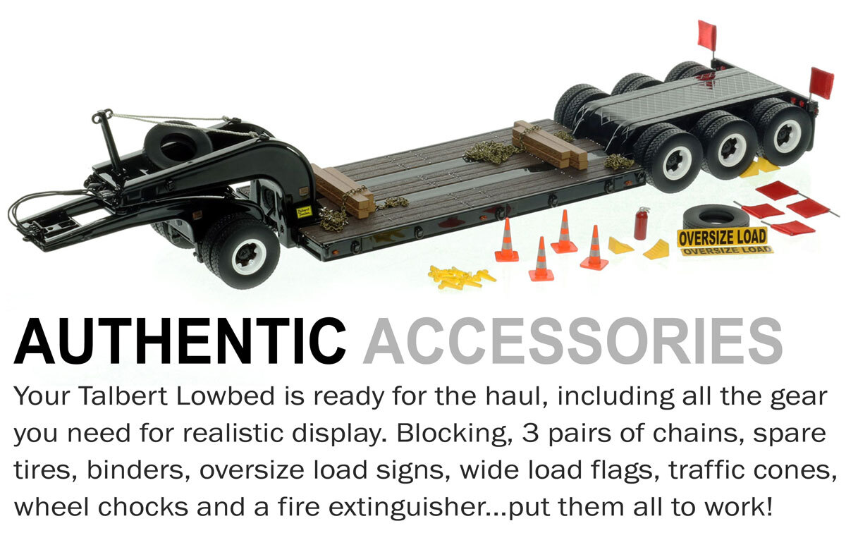 Accessories included with 1:50 scale 1960s Talbert 60-Ton Cableneck Lowbed with Single-Axle Dolly - Black