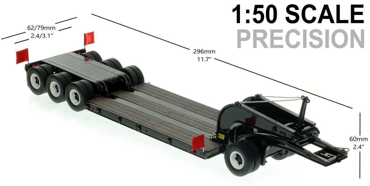 Dimensions of 1:50 scale 1960s Talbert 60-Ton Cableneck Lowbed with Single-Axle Dolly - Black