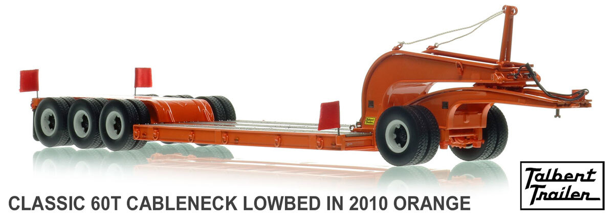 1:50 scale model of  1960s Talbert 60-Ton Cableneck Lowbed with Single-Axle Dolly - Orange 2010
