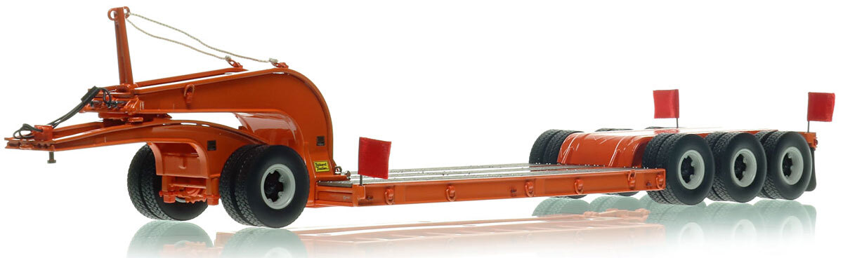 1:50 scale diecast model of 1960s Talbert 60-Ton Cableneck Lowbed with Single-Axle Dolly - Orange 2010
