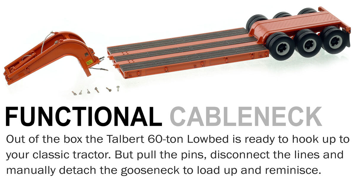 Functionality of 1:50 scale 1960s Talbert 60-Ton Cableneck Lowbed with Single-Axle Dolly - Orange 2010