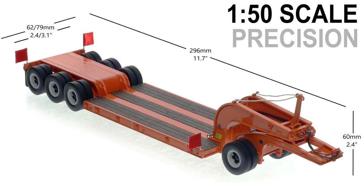 Dimensions of 1:50 scale 1960s Talbert 60-Ton Cableneck Lowbed with Single-Axle Dolly - Orange 2010
