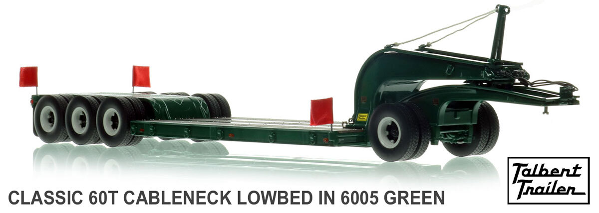 1:50 scale diecast model of 1960s Talbert 60-Ton Cableneck Lowbed with Single-Axle Dolly - Green 6005
