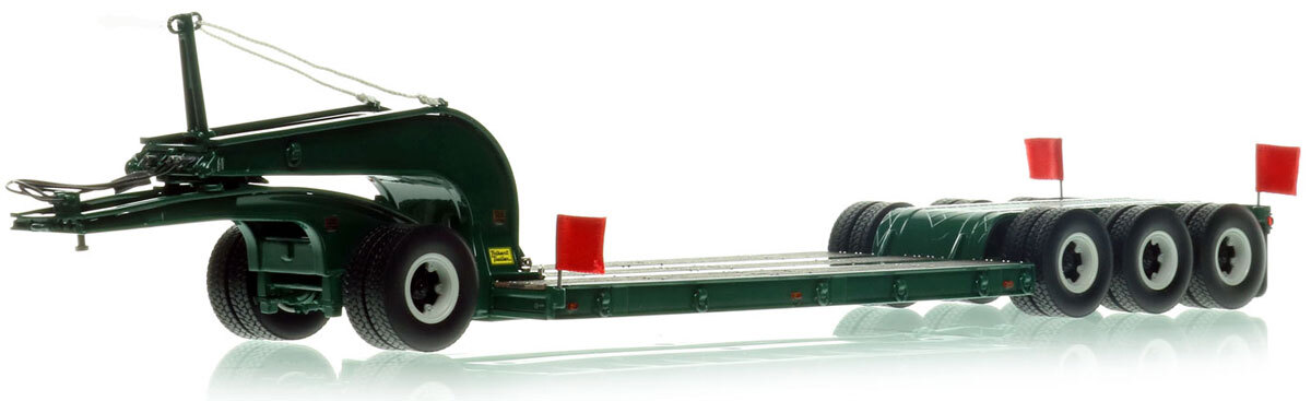 1:50 scale diecast model of 1960s Talbert 60-Ton Cableneck Lowbed with Single-Axle Dolly - Green 6005
