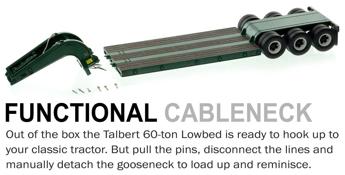 Functionality of 1:50 scale 1960s Talbert 60-Ton Cableneck Lowbed with Single-Axle Dolly - Green 6005