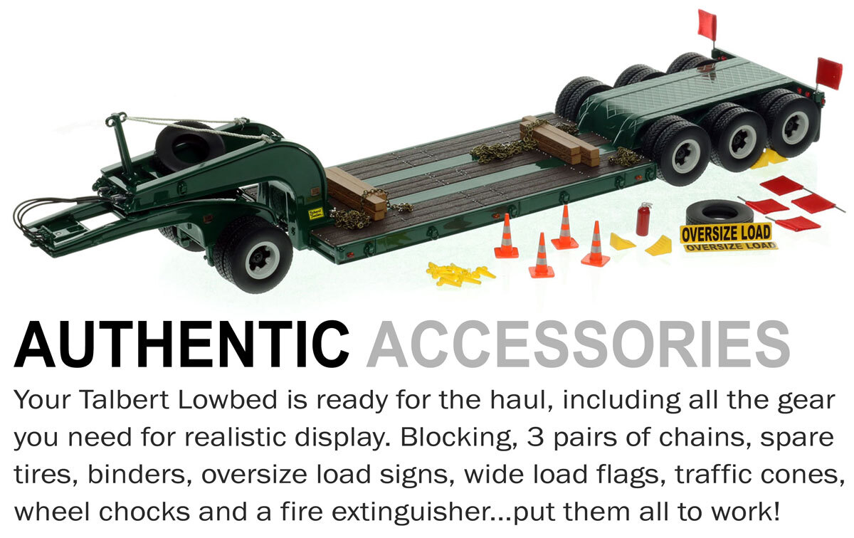 1:50 scale diecast model of 1960s Talbert 60-Ton Cableneck Lowbed with Single-Axle Dolly - Green 6005