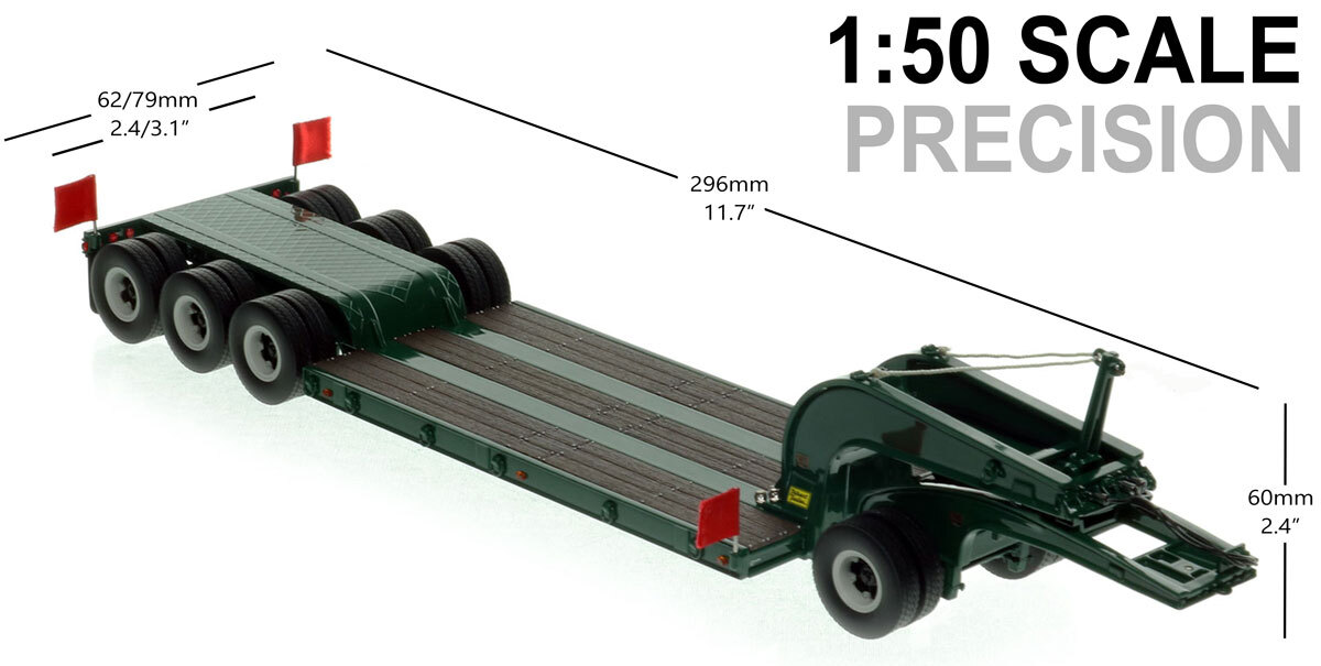 Dimensions of 1:50 scale 1960s Talbert 60-Ton Cableneck Lowbed with Single-Axle Dolly - Green 6005