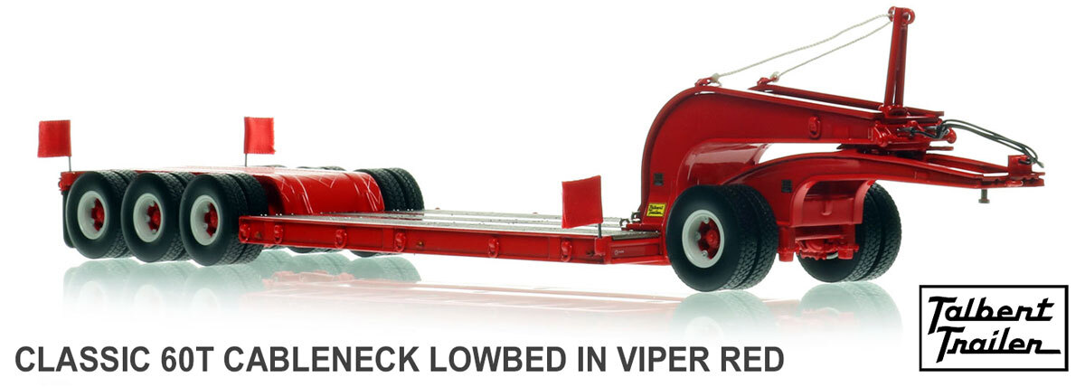 1:50 scale model of 1960s Talbert 60-Ton Cableneck Lowbed with Single-Axle Dolly - Viper Red