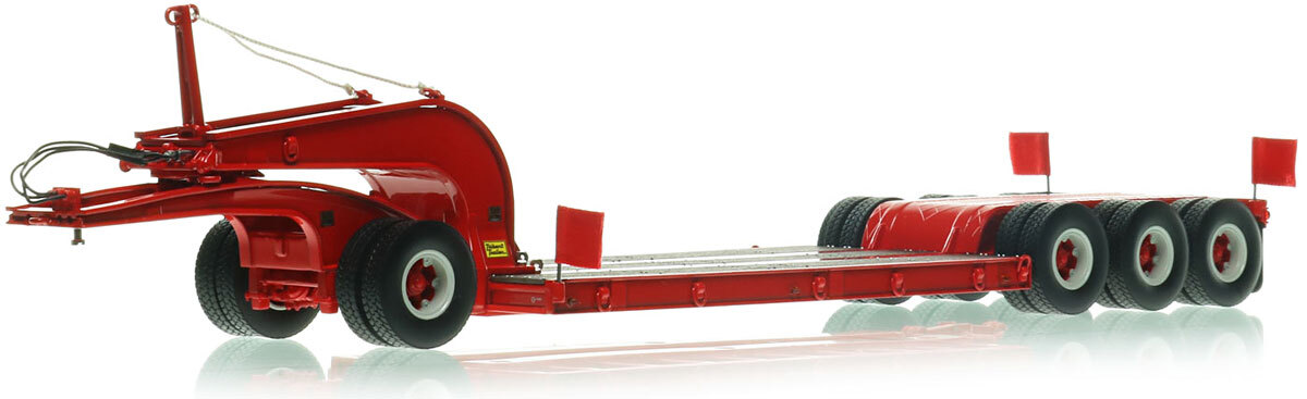 1:50 scale diecast model of 1960s Talbert 60-Ton Cableneck Lowbed with Single-Axle Dolly - Viper Red