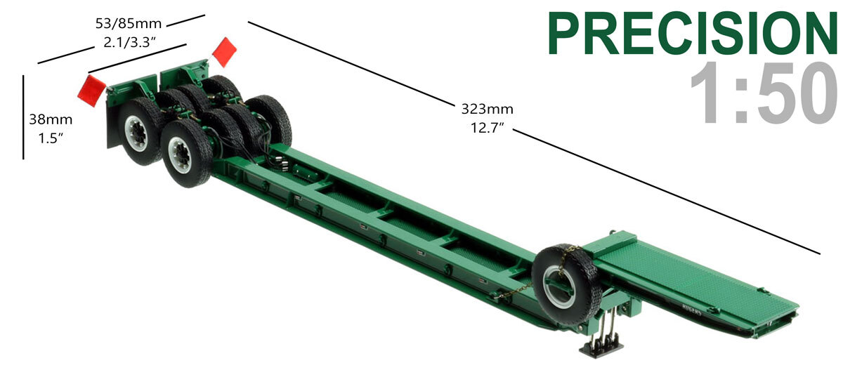 Dimensions of 1:50 scale  1950s Rogers 90-Ton Beam Trailer - Greene Const. Green