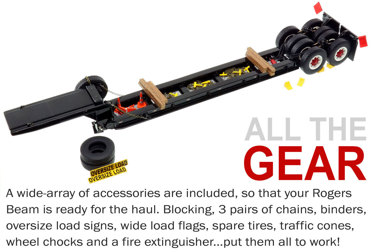 Accessories included with 1:50 scale  1950s Rogers 90-Ton Beam Trailer - Black with White Pinstripes