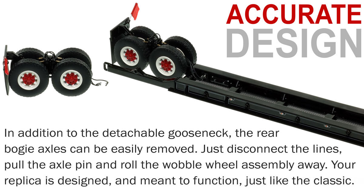 More functionality of the 1:50 scale  1950s Rogers 90-Ton Beam Trailer - Black with White Pinstripes