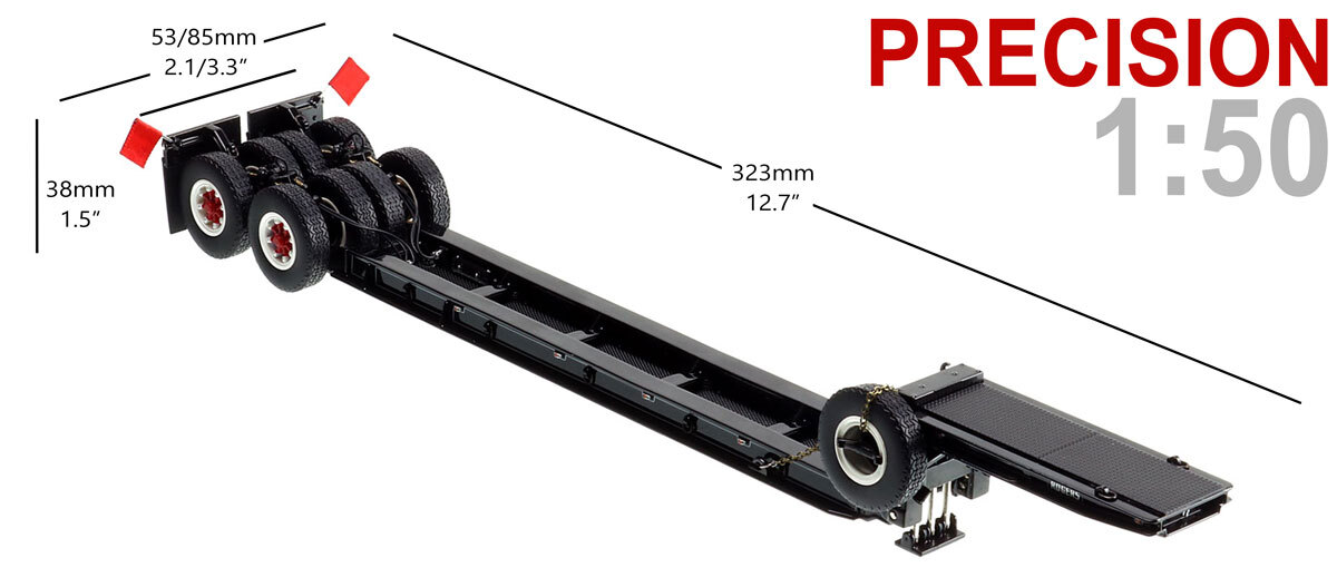 Dimensions of 1:50 scale  1950s Rogers 90-Ton Beam Trailer - Black with White Pinstripes