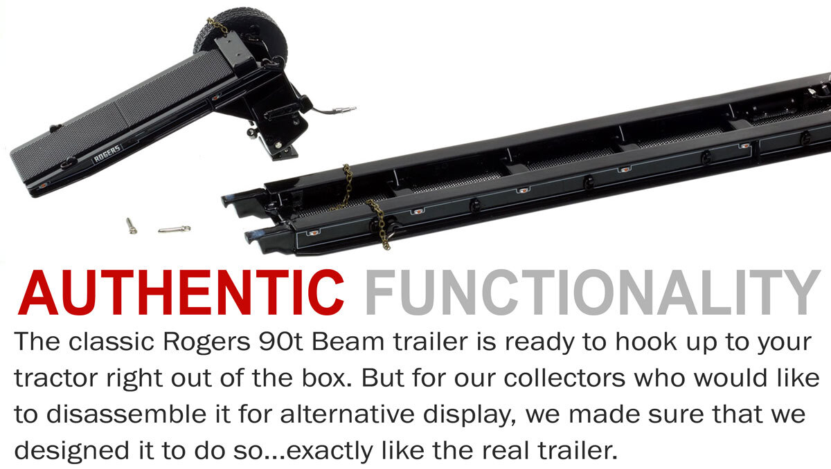 Functionality of 1:50 scale  1950s Rogers 90-Ton Beam Trailer - Black with White Pinstripes