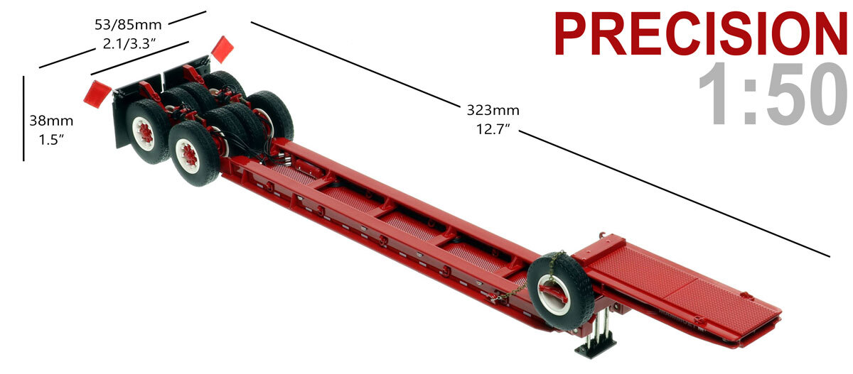Dimensions of 1:50 scale 1950s Rogers 90-Ton Beam Trailer - Mammoet