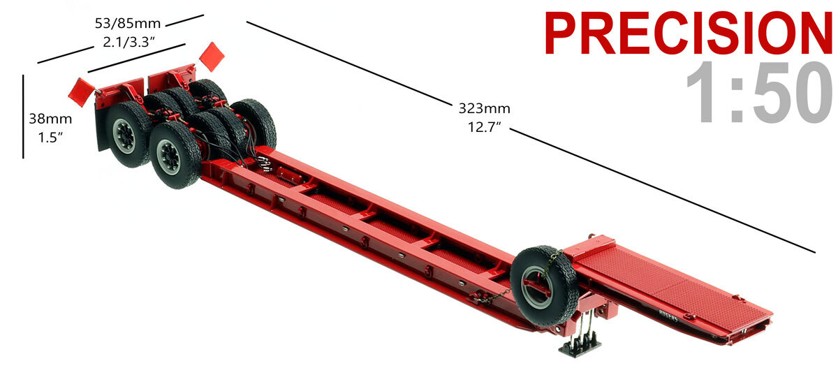 Dimensions of 1:50 scale 1950s Rogers 90-Ton Beam Trailer - DHH Red