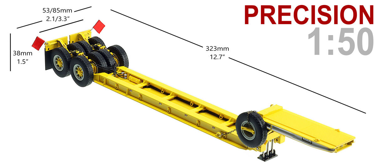 Dimensions of 1:50 scale 1950s Rogers 90-Ton Beam Trailer - Yellow
