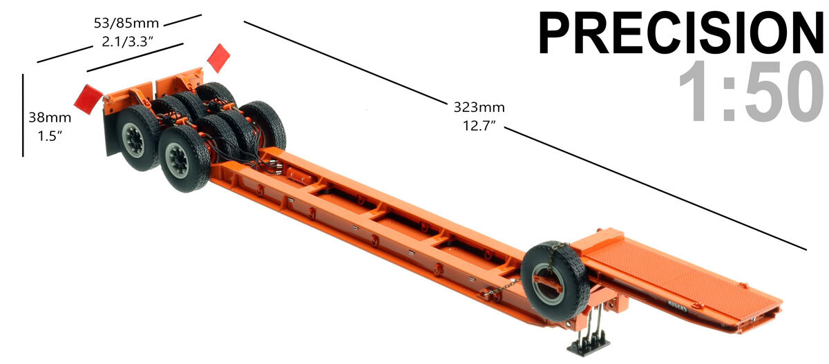 Dimensions of 1:50 scale 1950s Rogers 90-Ton Beam Trailer - Orange