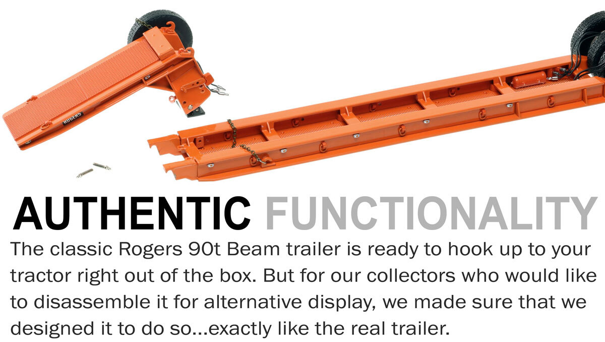 Functionality of 1:50 scale 1950s Rogers 90-Ton Beam Trailer - Orange