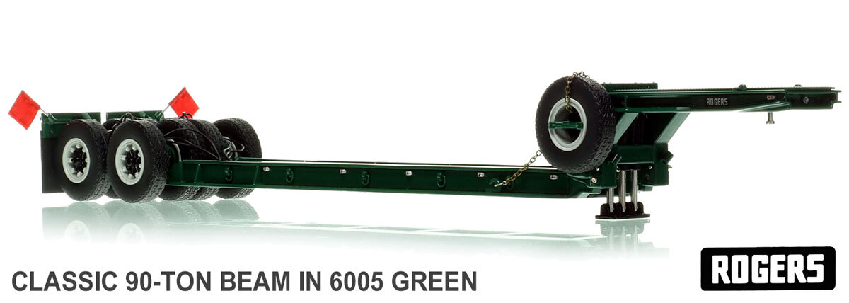 1:50 scale diecast model of  1960s Talbert 60-Ton Cableneck Lowbed with Single-Axle Dolly - Green 6005