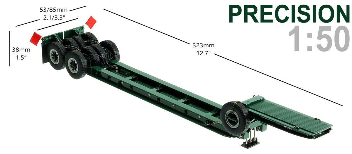 Dimensions of 1:50 scale 1950s Rogers 90-Ton Beam Trailer - Green