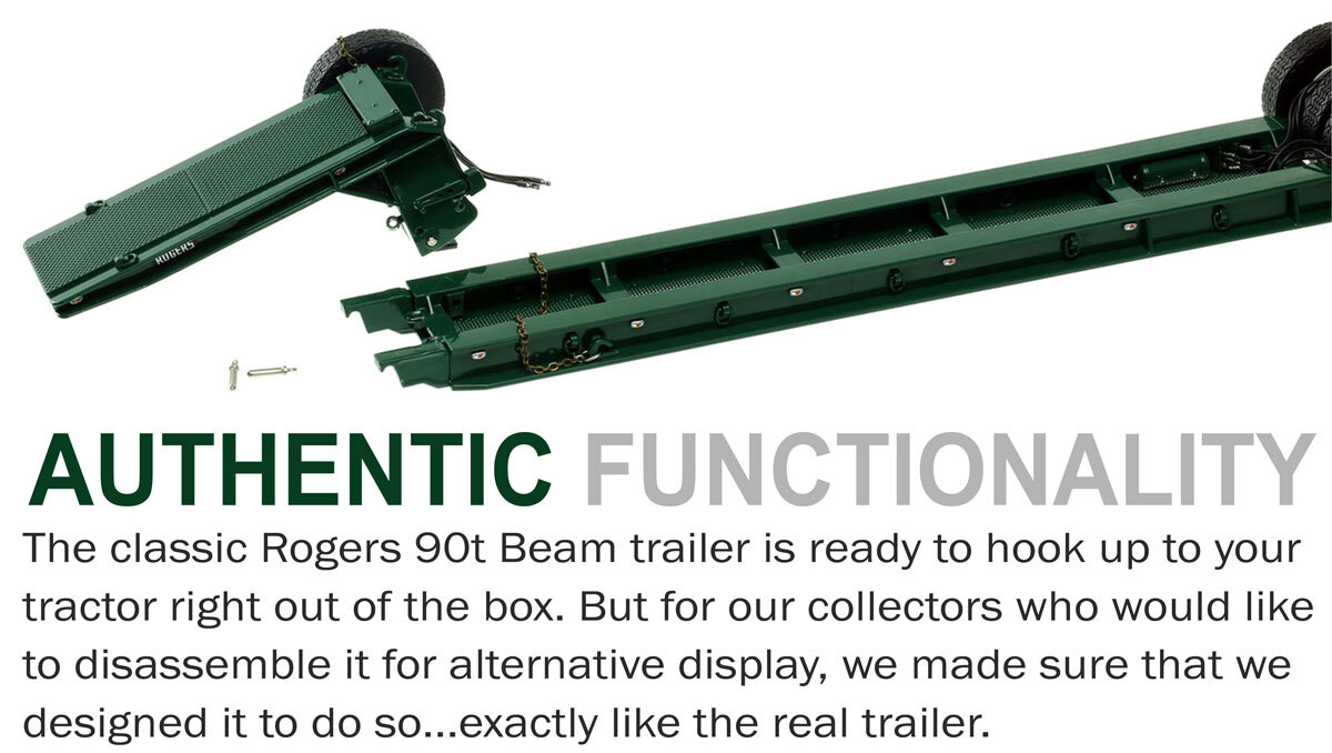 Functionality of 1:50 scale 1950s Rogers 90-Ton Beam Trailer - Green