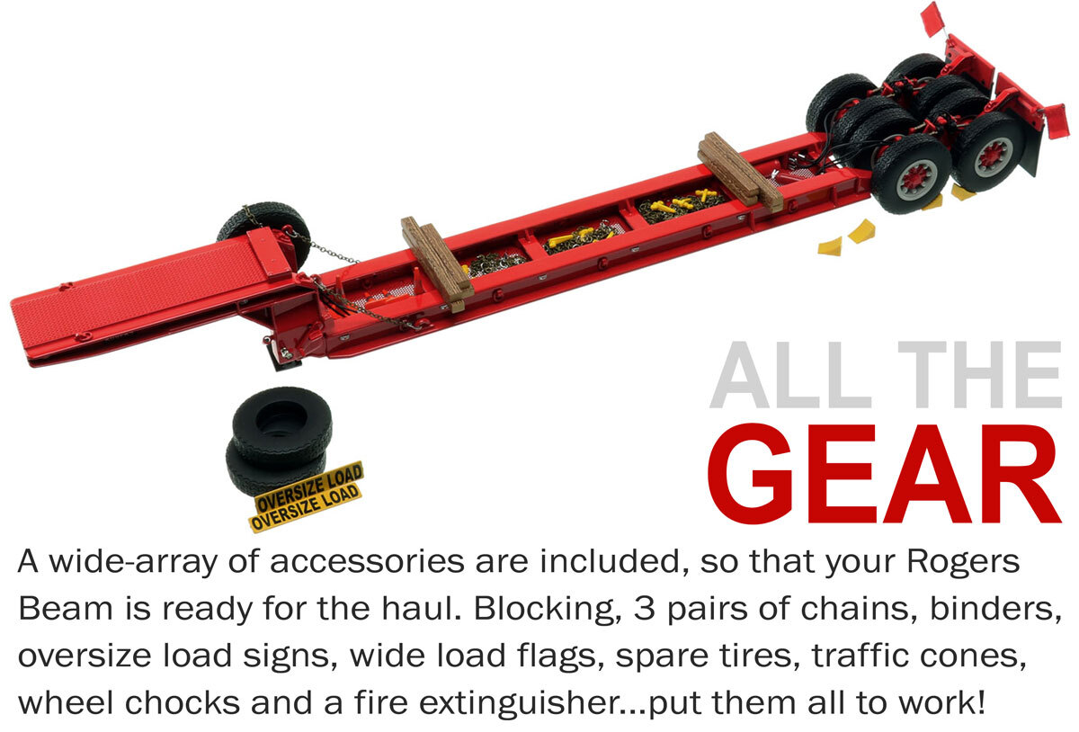 Accessories included with 1:50 scale  1950s Rogers 90-Ton Beam Trailer - Viper Red