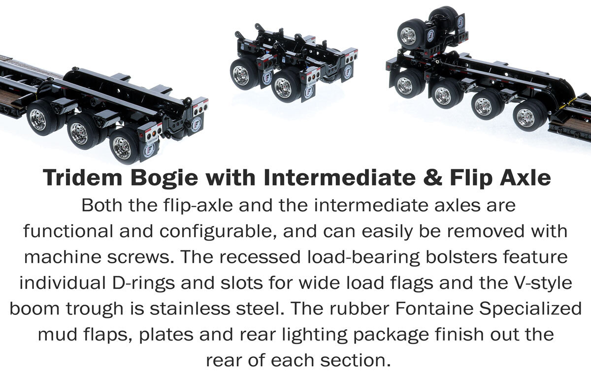 Tridem Bogie of 1:50 Scale Diecast Model of Fontaine Magnitude 80 - 100-Ton 5-Axle Drop Side Rail Trailer - Black