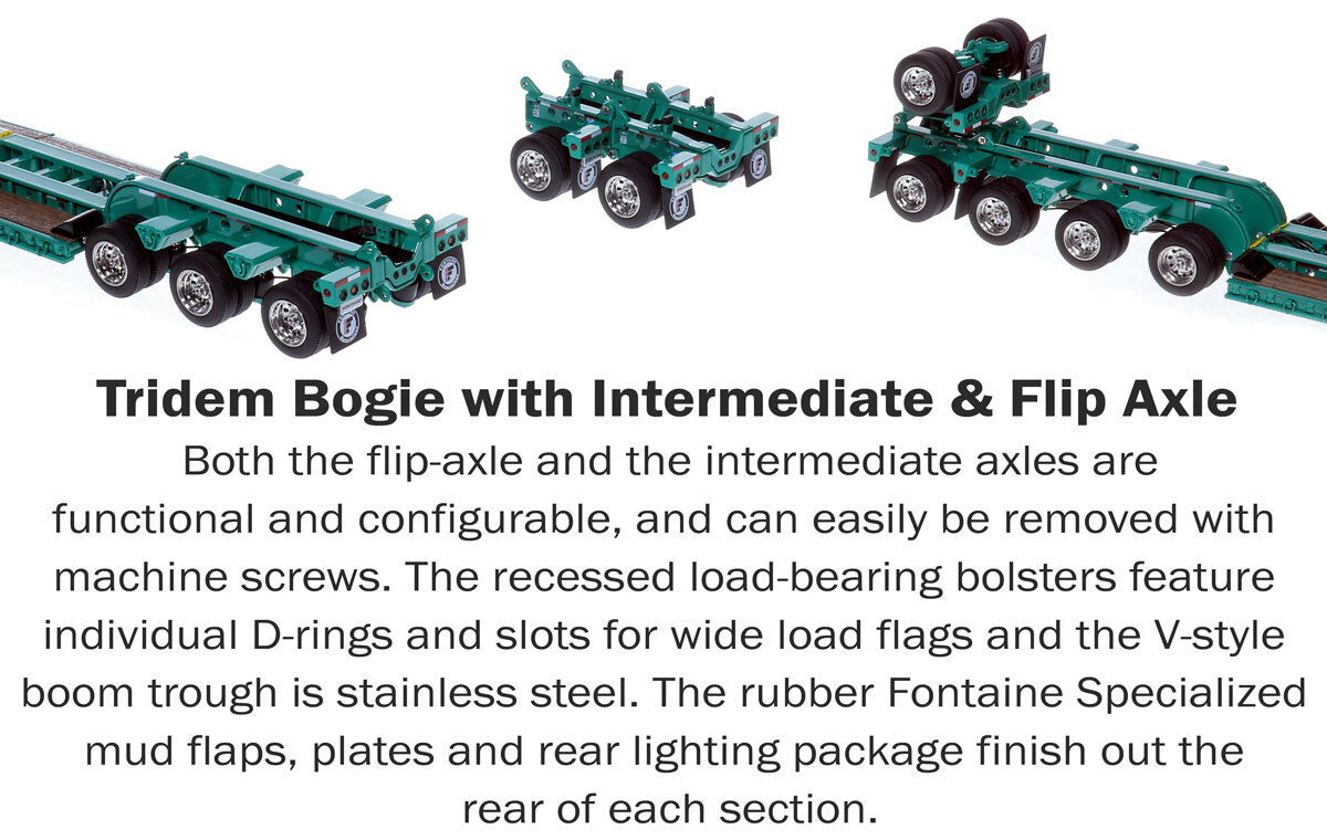 Tridem Bogie for 1:50 Scale Diecast Model of Fontaine Magnitude 80 - 100-Ton 5-Axle Drop Side Rail Trailer - Cardi Green