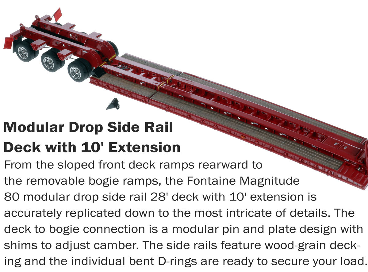 Deck with 1:50 Scale Diecast Model of Fontaine Magnitude 80 - 100-Ton 5-Axle Drop Side Rail Trailer - DHH Red