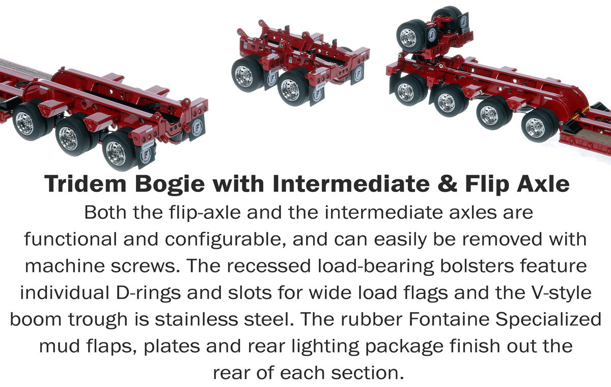 Tridem Bogie For 1:50 Scale Diecast Model of Fontaine Magnitude 80 - 100-Ton 5-Axle Drop Side Rail Trailer - DHH Red