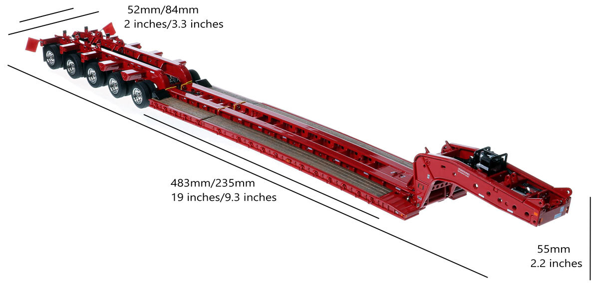 Dimensions of 1:50 Scale Diecast Model of Fontaine Magnitude 80 - 100-Ton 5-Axle Drop Side Rail Trailer - DHH Red
