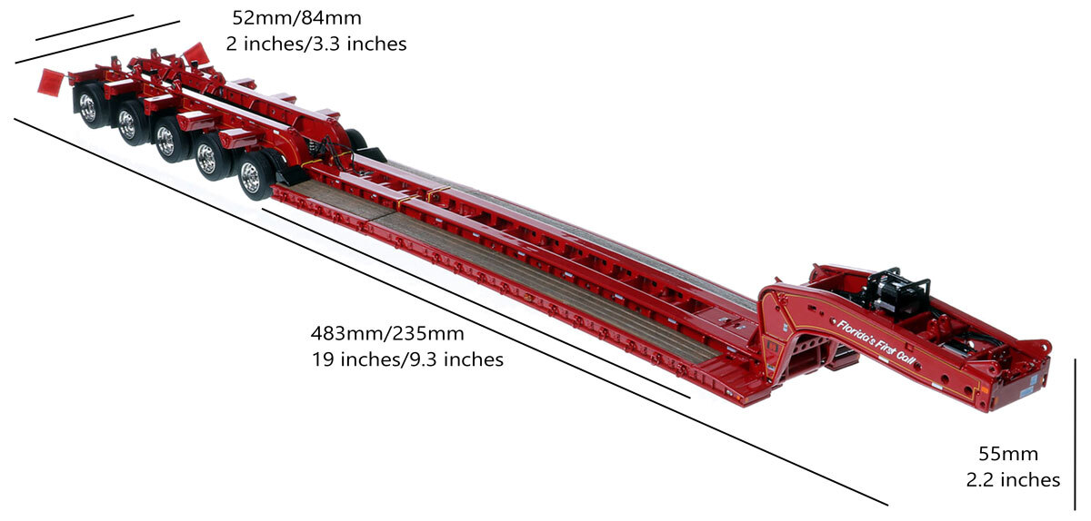 Dimensions of 1:50 Scale Diecast Model of Fontaine Magnitude 80 - 100-Ton 5-Axle Drop Side Rail Trailer - DeBerardinis Heavy Haul