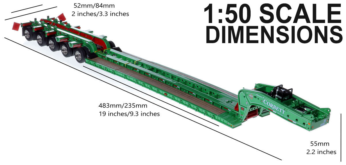 Dimensions for 1:50 SCale Diecast Model of Fontaine Magnitude 80 - 100-Ton 5-Axle Drop Side Rail Trailer - Thomas F. Corbett