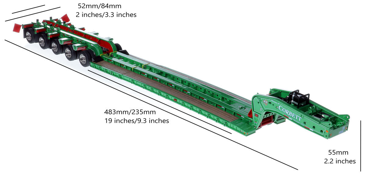 Dimensions of 1:50 Scale Diecast Model of Fontaine Magnitude 80 - 100-Ton 5-Axle Drop Side Rail Trailer - Thomas F. Corbett