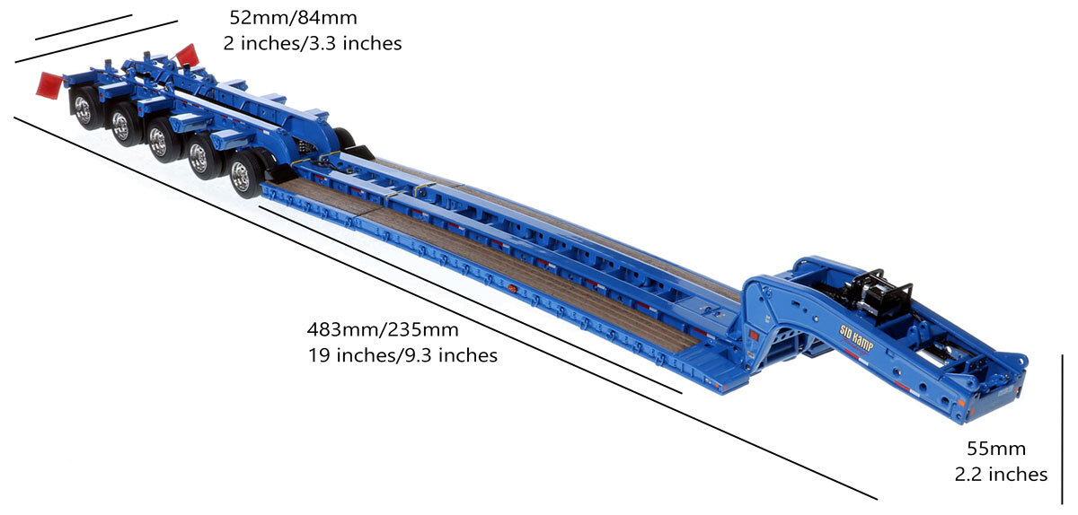DImensions for 1:50 Scale Diecast Model of Fontaine Magnitude 80 - 100-Ton 5-Axle Drop Side Rail Trailer - Sid Kamp Trucking