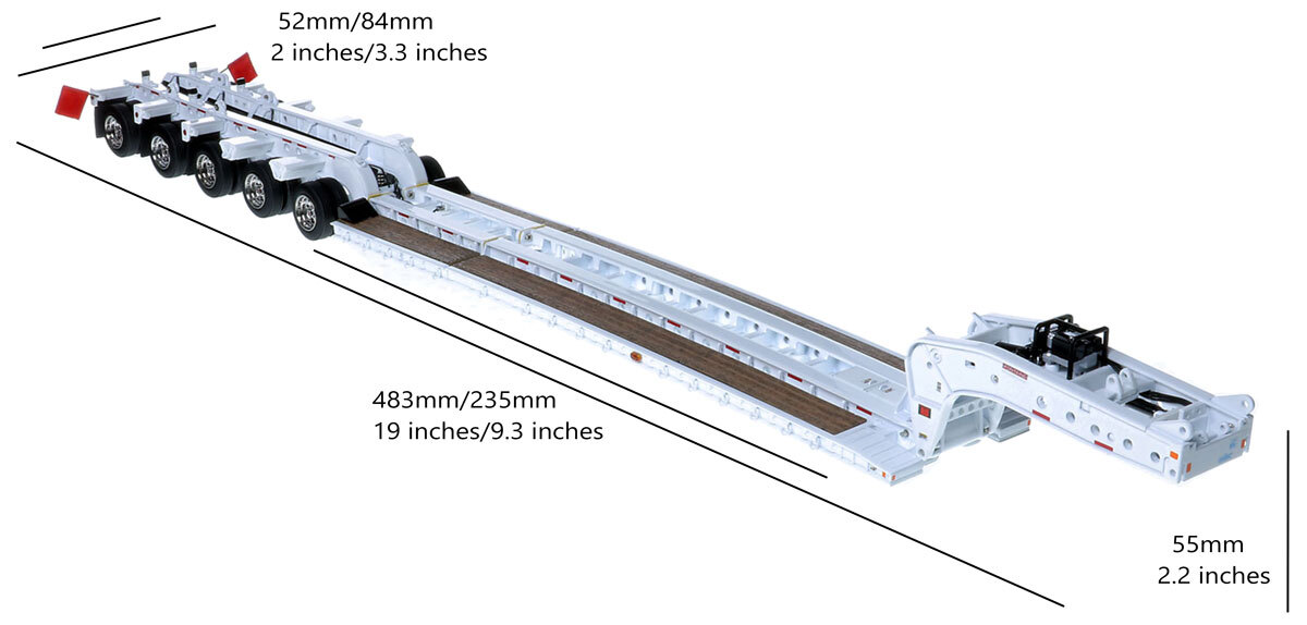 Dimensions of 1:50 Scale Diecast Model of Fontaine Magnitude 80 - 100-Ton 5-Axle Drop Side Rail Trailer - White