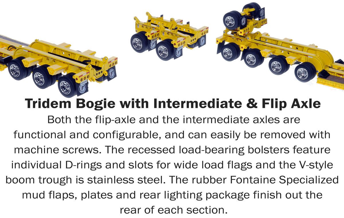 Tridem Bogie of 1:50 SCale Diecast Model of Fontaine Magnitude 80 - 100-Ton 5-Axle Drop Side Rail Trailer - Yellow 1021