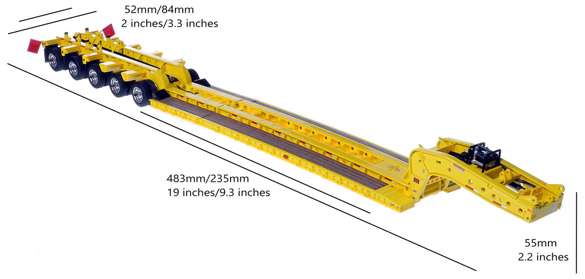 Dimensions of 1:50 Scale Diecast Model of Fontaine Magnitude 80 - 100-Ton 5-Axle Drop Side Rail Trailer - Yellow 1021