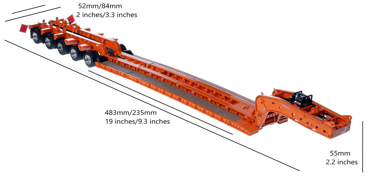 Dimensions for 1:50 Scale Diecast Model of  Fontaine Magnitude 80 - 100-Ton 5-Axle Drop Side Rail Trailer - Orange 2010