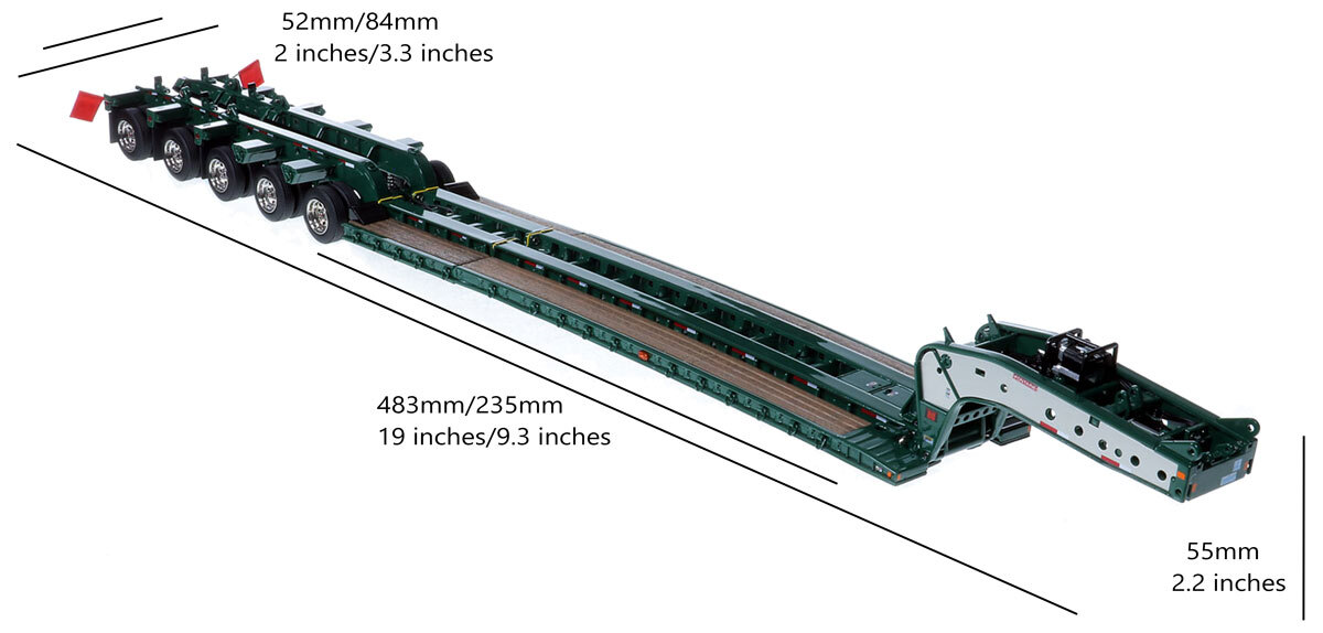 Dimensions of 1:50 Scale Diecast Model of Fontaine Magnitude 80 - 100-Ton 5-Axle Drop Side Rail Trailer - Green 6005