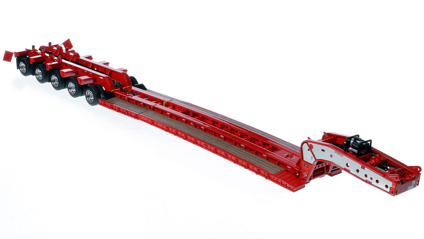 1:50 Scale Diecastn Model of Fontaine Magnitude 80 - 100-Ton 5-Axle Drop Side Rail Trailer - Viper Red