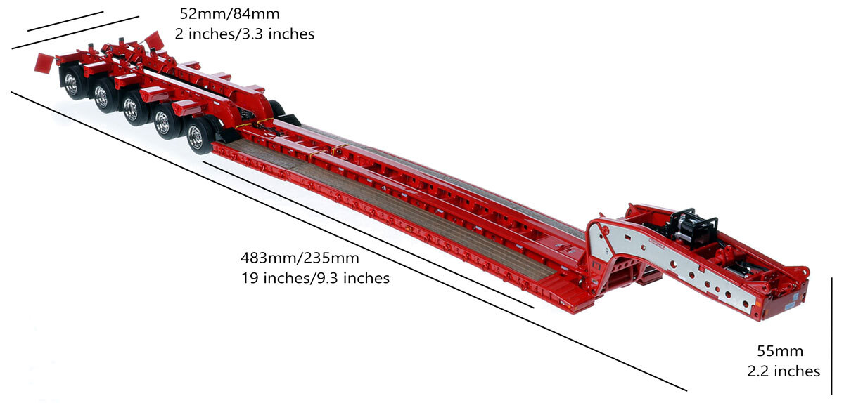 Dimensions for 1:50 Scale Diecast Model of Fontaine Magnitude 80 - 100-Ton 5-Axle Drop Side Rail Trailer - Viper Red
